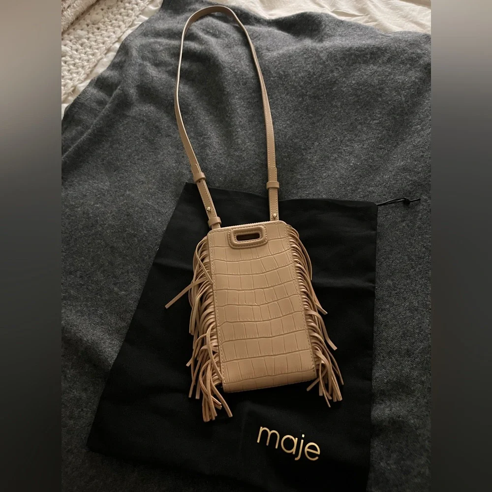 Maje Beige Croc-Embossed Fringe Crossbody Bag - Picture 6 of 9